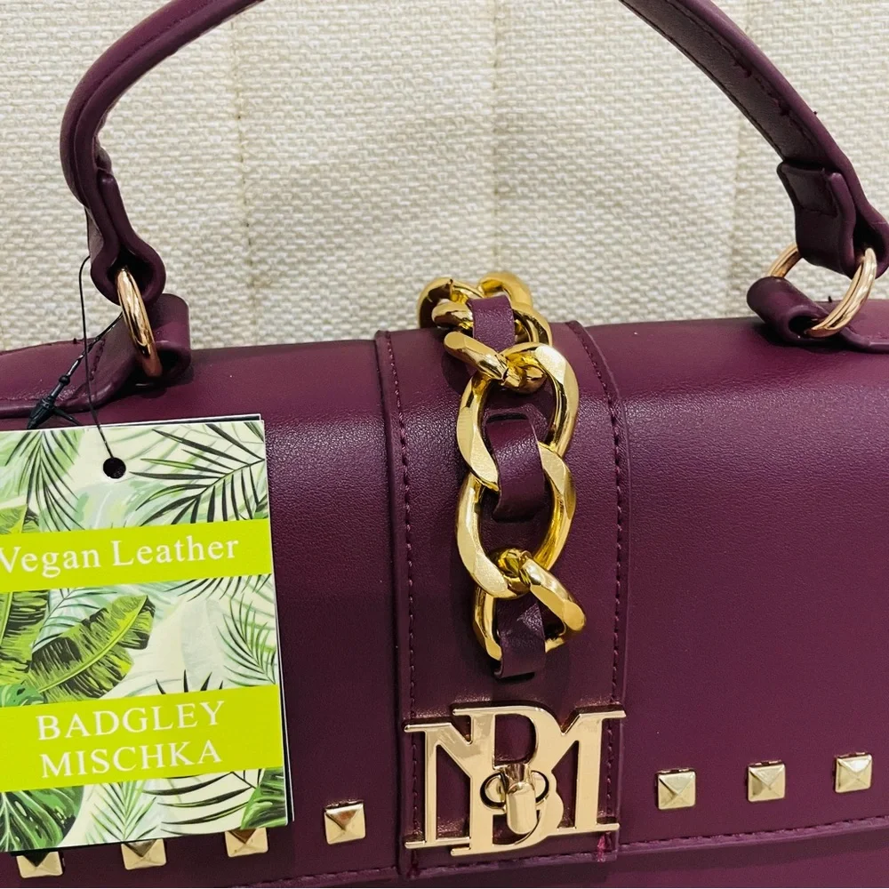 NEW Badgley Mischka Plum Vegan Leather Studded Top Handle Satchel Crossbody Bag‎